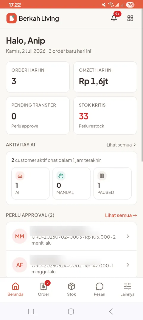 Dashboard BerkahLiving (mobile)