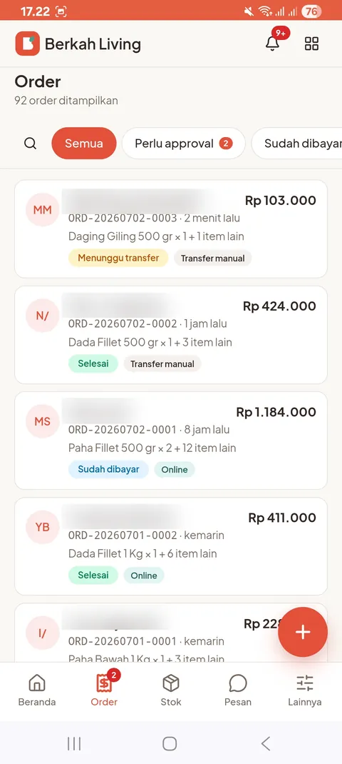 Daftar order BerkahLiving (mobile)