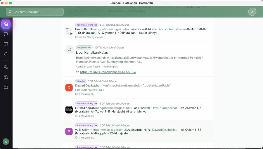 Beranda & aktivitas HafalanKu (web)